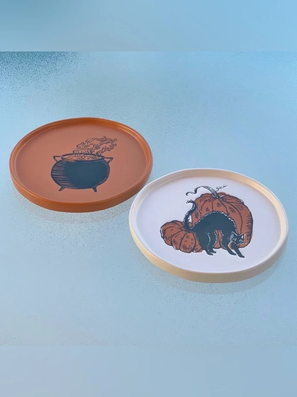 Halloween Stoneware Scared Cat and Cauldron Appetizer Plates ~ Set of 2